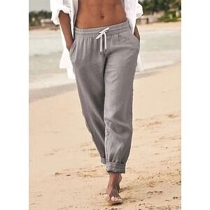 Athleta Womens Gray Bali Linen Mid Rise Tapered Ankle Pant Sz 0